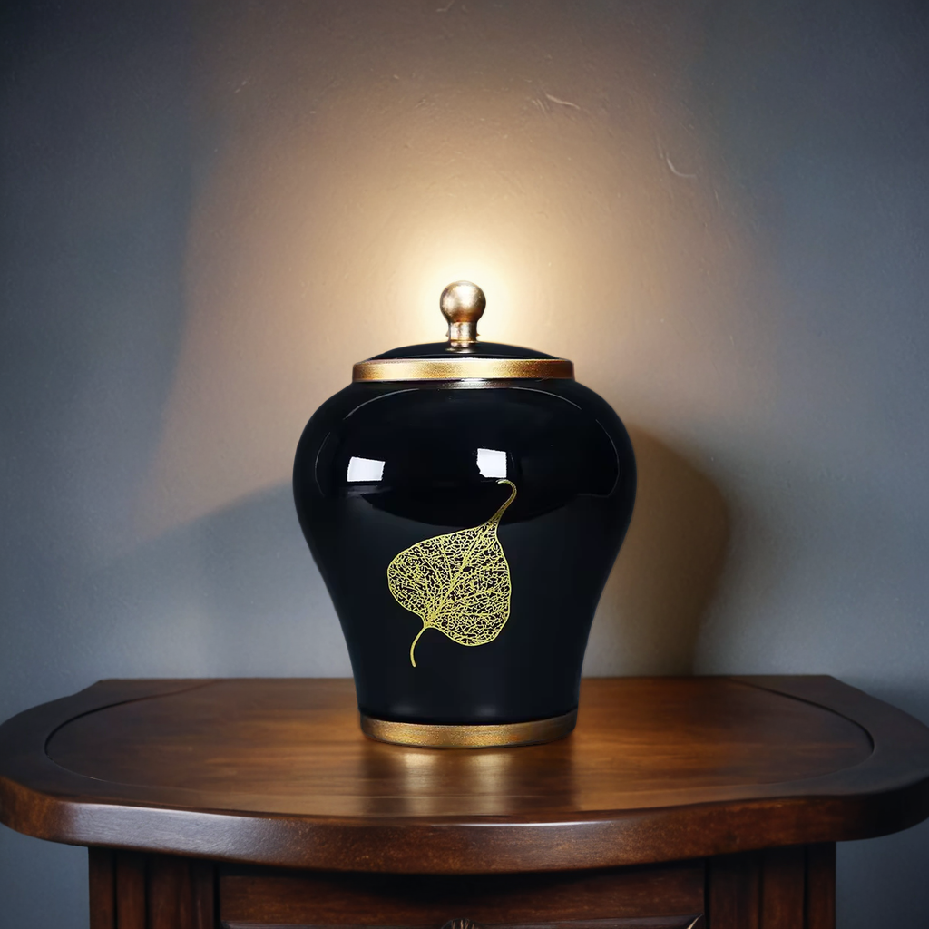 Golden Leaf Ceramic Pet Cremation Urn – Midnight