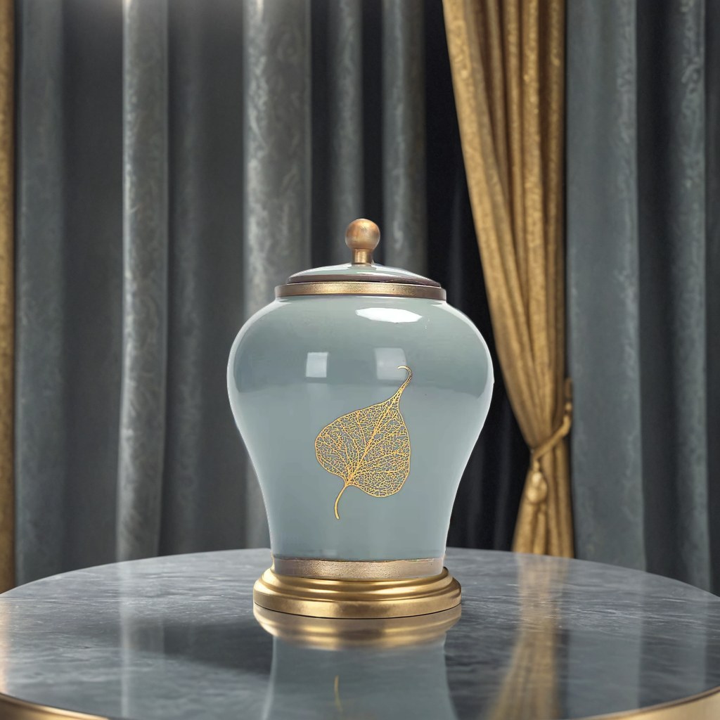 Golden Leaf Ceramic Pet Cremation Urn – Ocean Teal